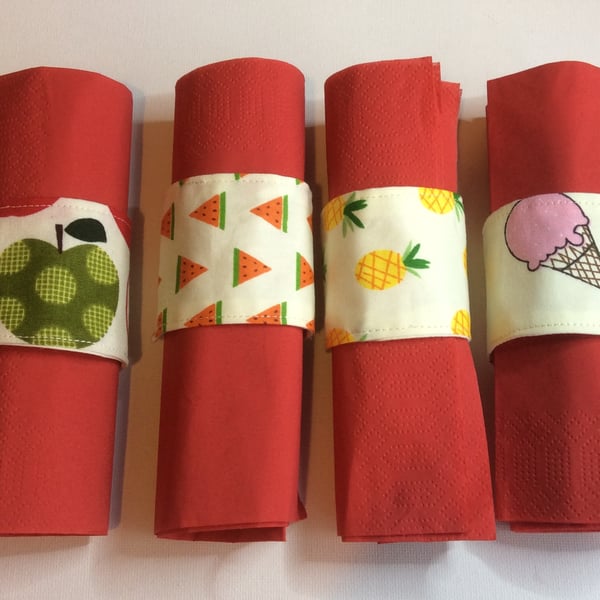 Fabric Napkin Rings, cotton with fruit and ice cream motifs