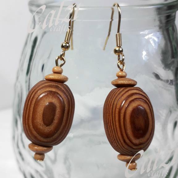 Wooden Ridged Oval Bead Dangly Earrings