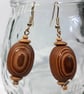 Wooden Ridged Oval Bead Dangly Earrings
