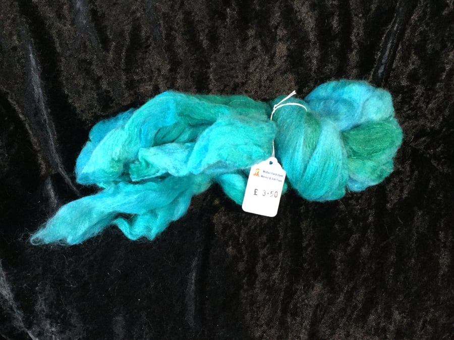 Mobair Hand Dyed Random Merino Wool & Silk Tops Sea Green Blues