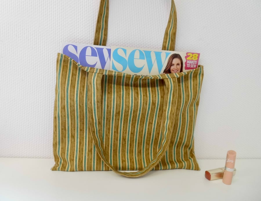 Shorter, wider tote bag in mustard and blue stripes