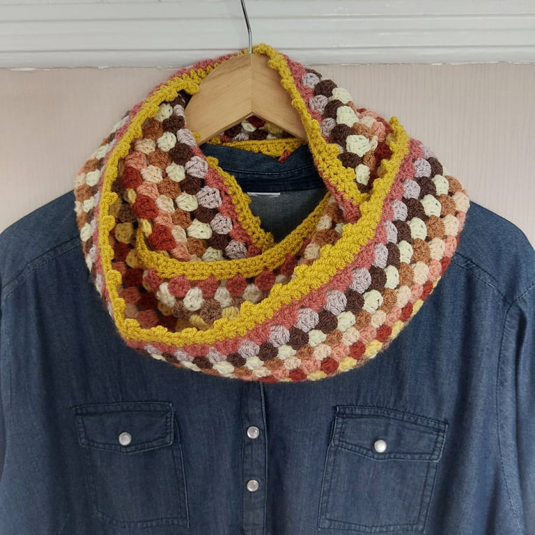 Crochet Infinity Scarf Mustard Gold Trim