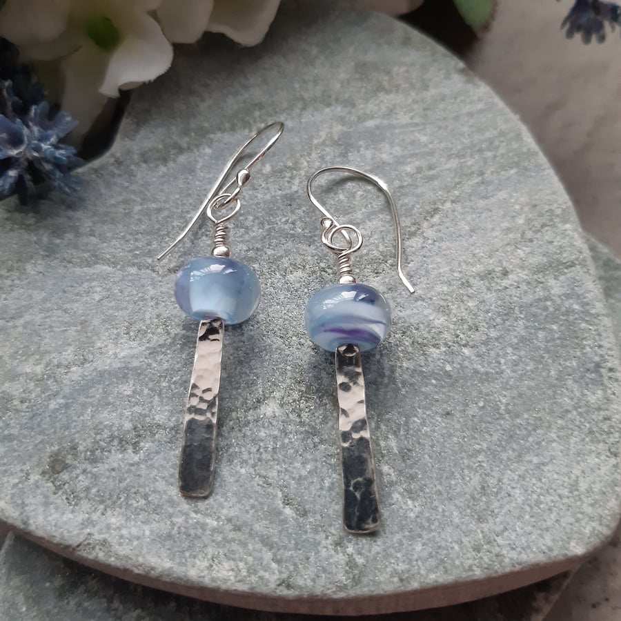 Argentium and Lilac Glass Silver Drop Dangle Earrings 