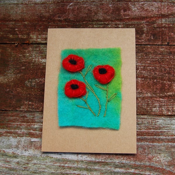 Poppies, Hand Stitched Blank Greetings card,   Needlefelt wool card