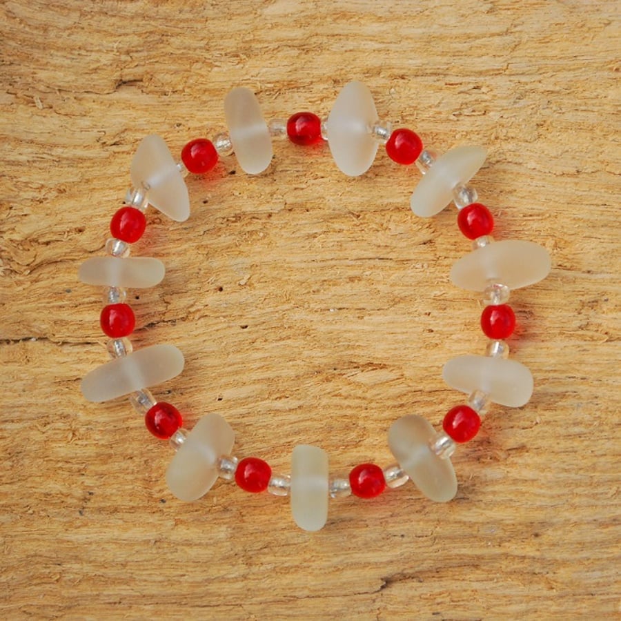 White and red beach glass bracelet