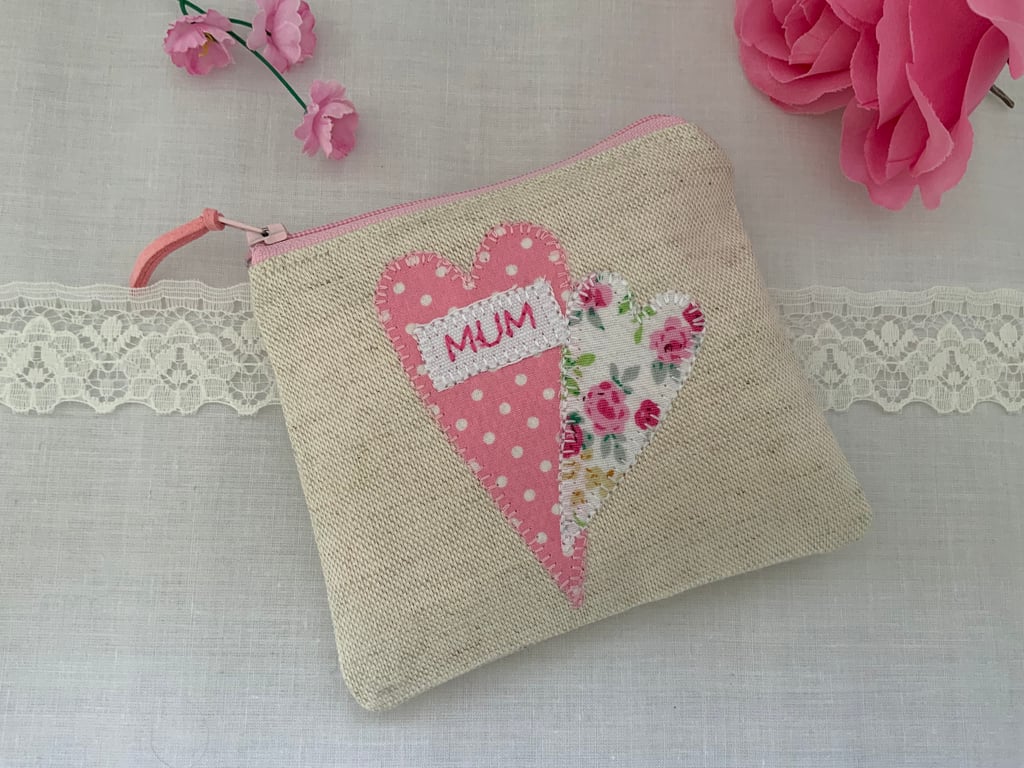 Fabric Coin Purse, Zipped Purse, Purse, Card Holder, Applique, Mothers Day