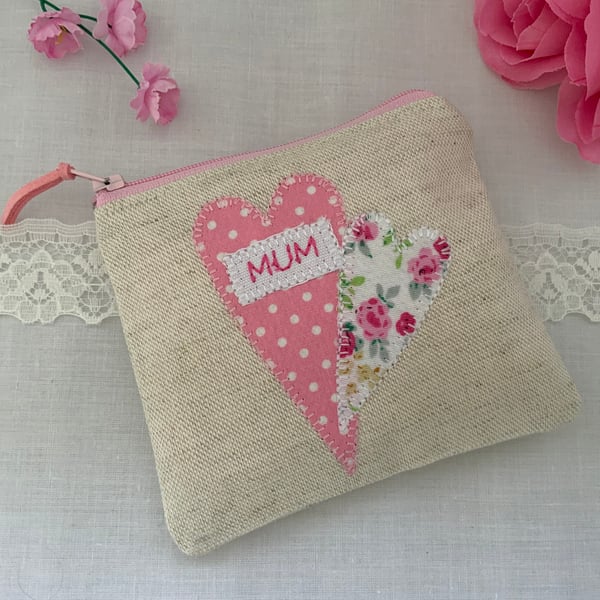 Fabric Coin Purse, Zipped Purse, Purse, Card Holder, Applique, Mothers Day