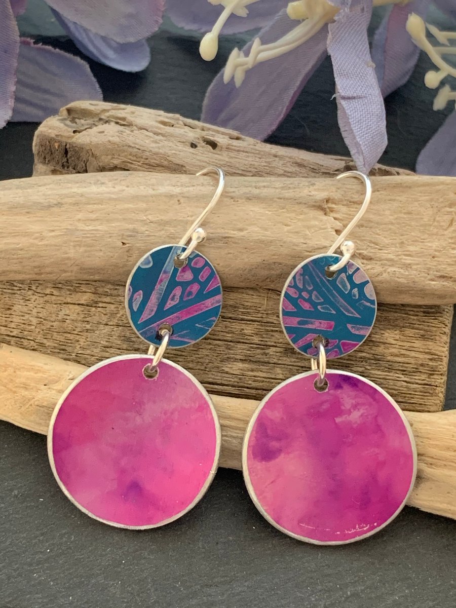 Printed Aluminium and sterling silver earrings - Blue leaf and pink