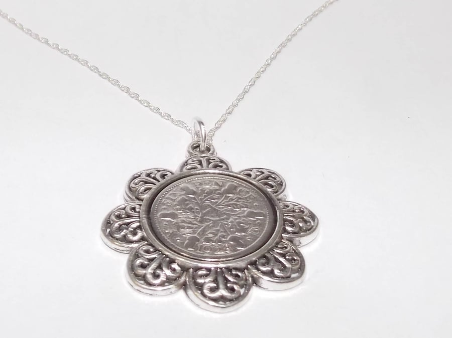 Floral Pendant 1930 Lucky sixpence 91st Birthday plus a Sterling Silver 18in Cha