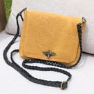 Small leather bag with bee clasp made with yellow embossed leather 