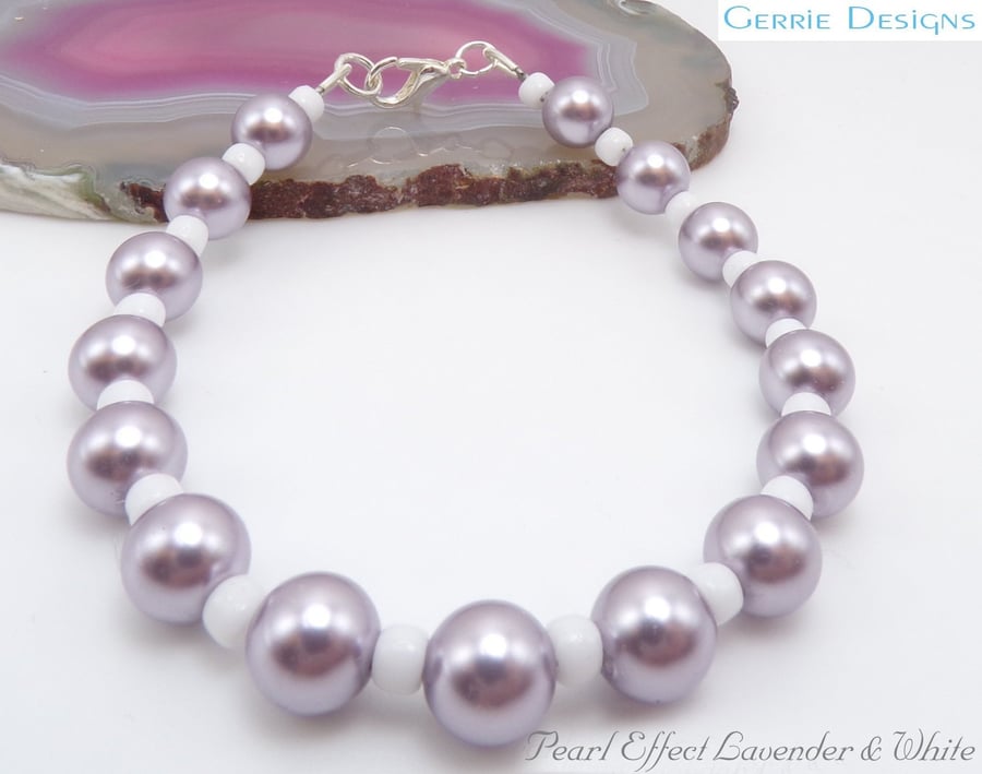 Lavender & Clear Bead Round Pearl beaded Silver Bracelet.