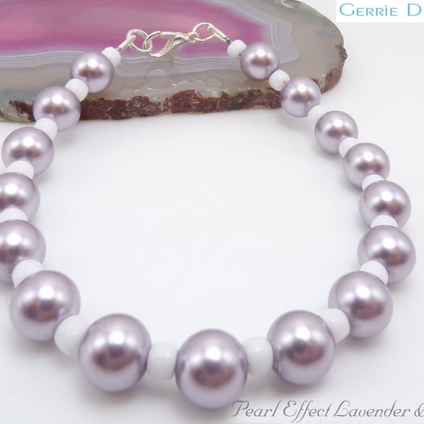 Lavender & Clear Bead Round Pearl beaded Silver Bracelet.