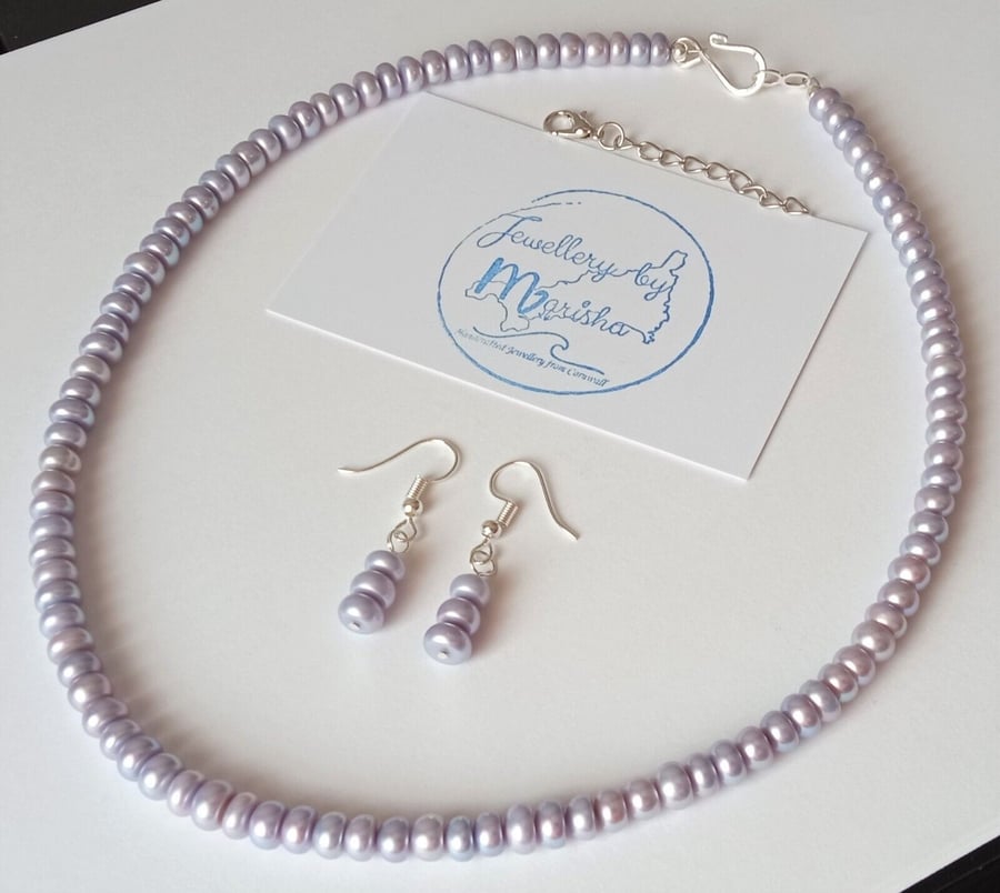 Unusual Cornflower Blue-Lilac Genuine Freshwater Pearl Necklace & Earrings Set