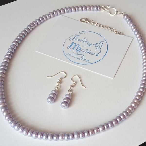 Unusual Cornflower Blue-Lilac Genuine Freshwater Pearl Necklace & Earrings Set