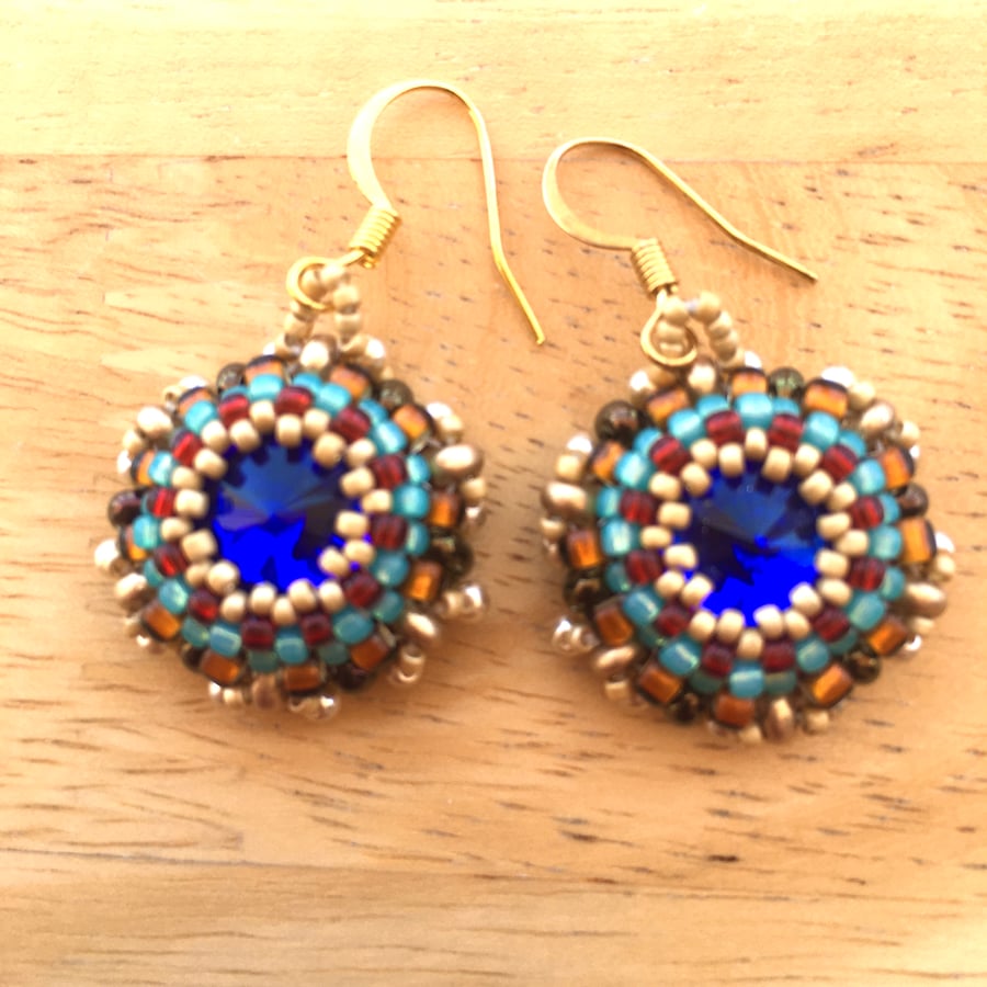 Royal Blue, Turquoise Blue And Brown Beadwork Dangle Earrings