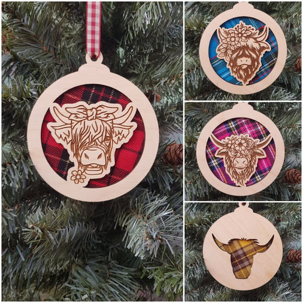 Highland cow and tartan Christmas tree decoration baubles