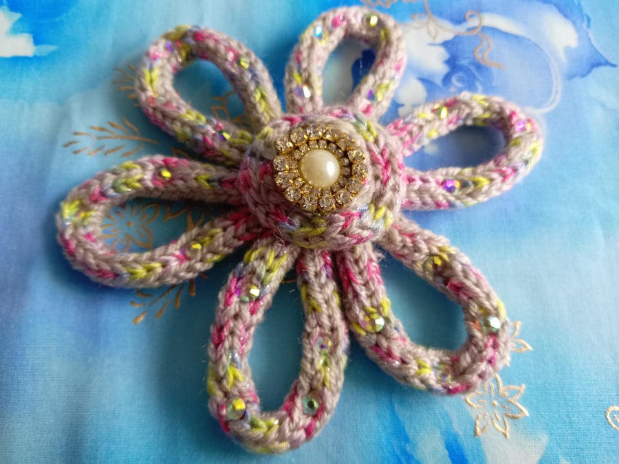 Pretty Soft Grey and Pastel Brooch with Diamanté Button 