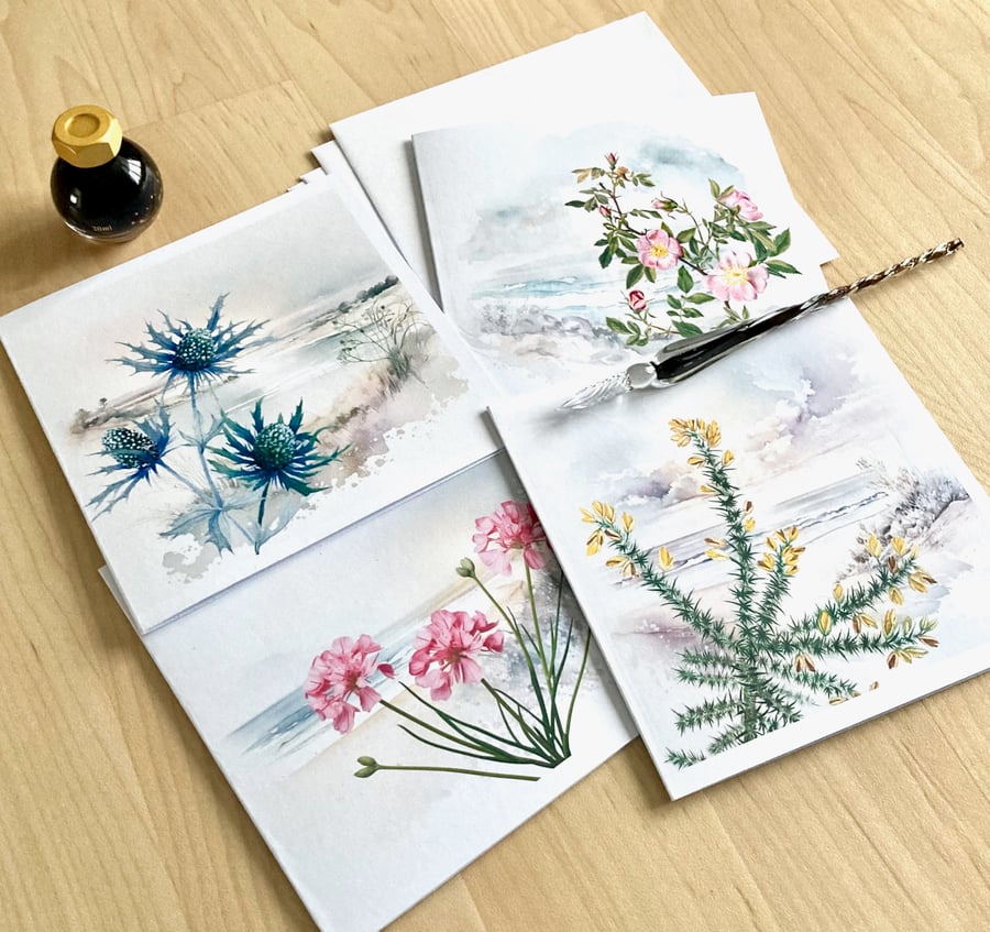 Watercolour Print Coastal Flora cards Pack 4