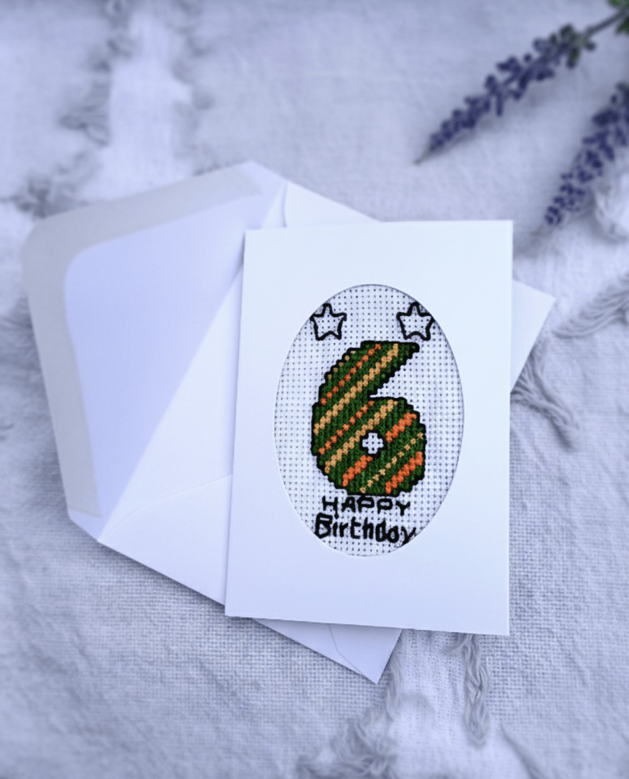 Handmade 6th Birthday Cross Stitch Card – Green and Orange Embroidered Number 6