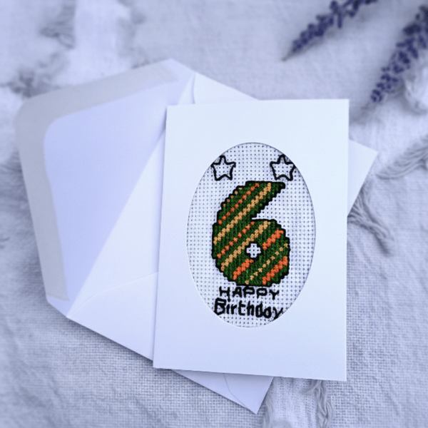 Handmade 6th Birthday Cross Stitch Card – Green and Orange Embroidered Number 6