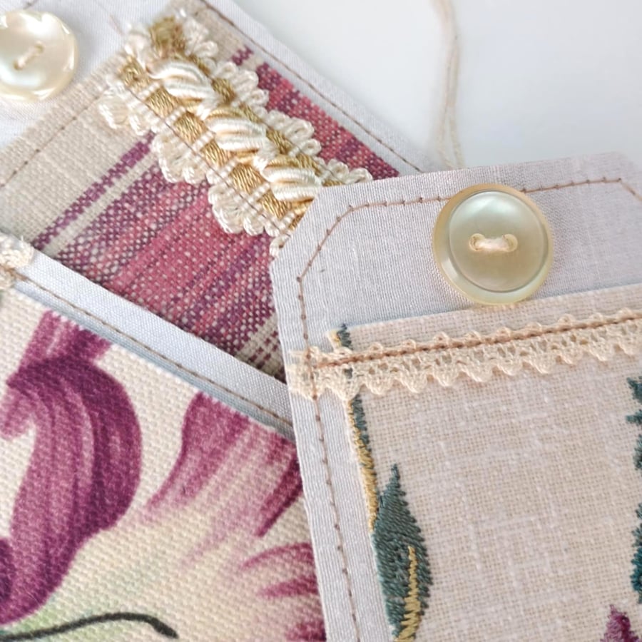 Gift Tags - plum pink, reclaimed curtain textiles with vintage silk and lace