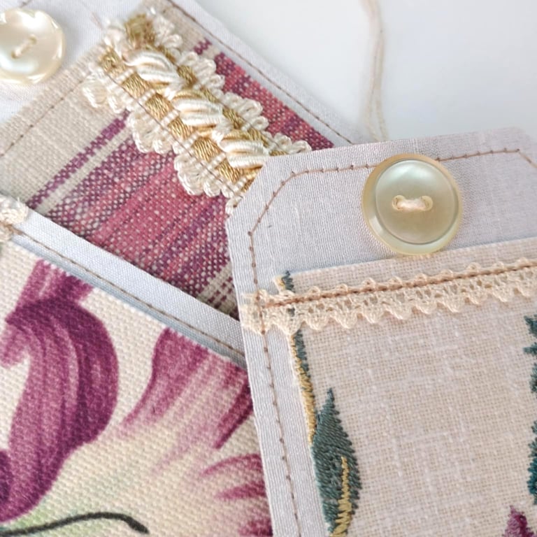 Gift Tags - plum pink, reclaimed curtain textiles with vintage silk and lace