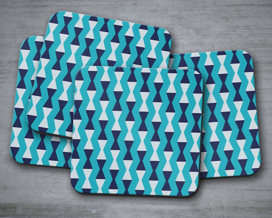 Set of 4 Blue Kilim Triangle Geometric Design Coasters