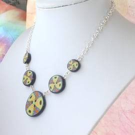 Mosaic Tile Silver Chain Necklace - Handmade Polymer Clay Unique Designer Piece