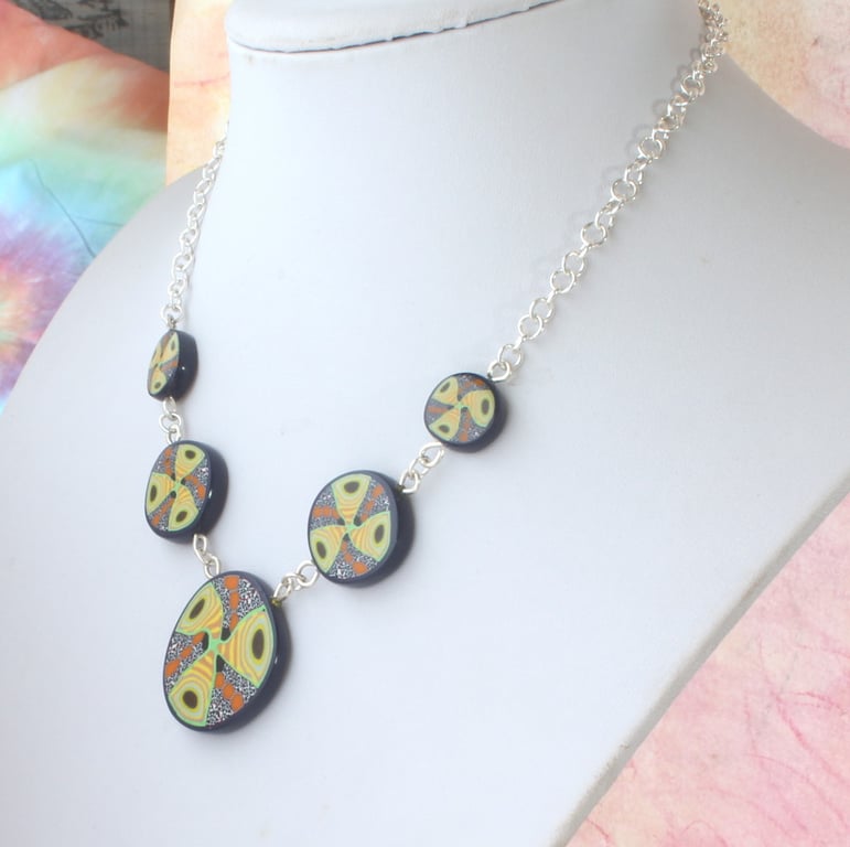 Mosaic Tile Silver Chain Necklace - Handmade Polymer Clay Unique Designer Piece