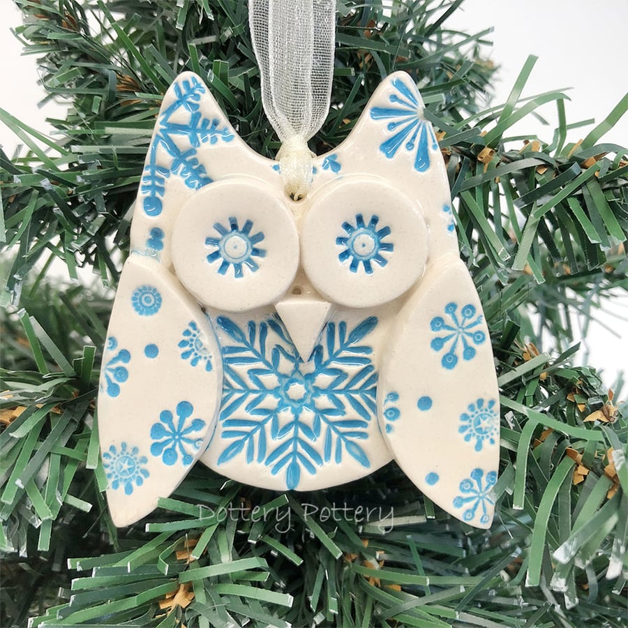 Ceramic snowy owl hanging decoration Pottery owl ceramic bird 