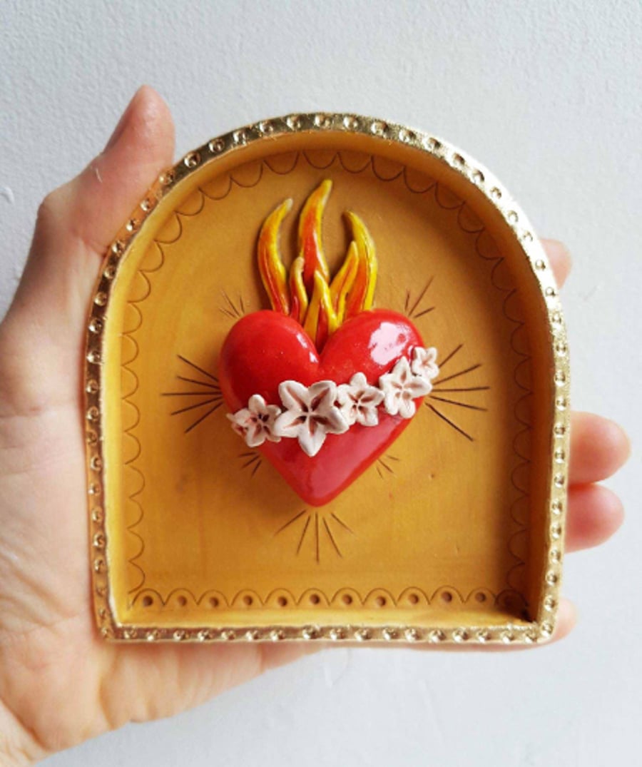 Flaming heart wall shrine - religious art - kitsch -Corazon wall art