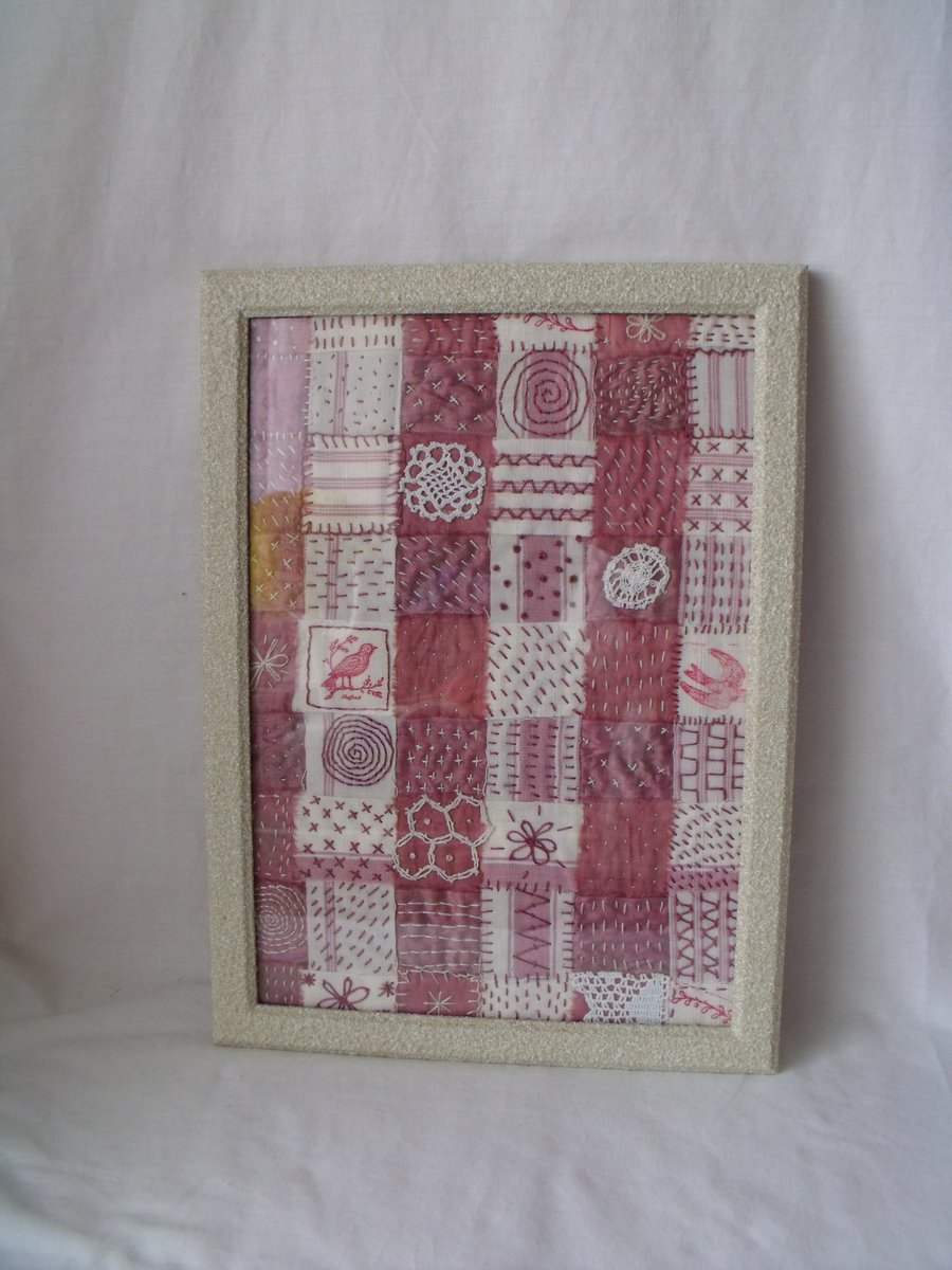 vintage style embroidered woven canvas & silk textile framed picture