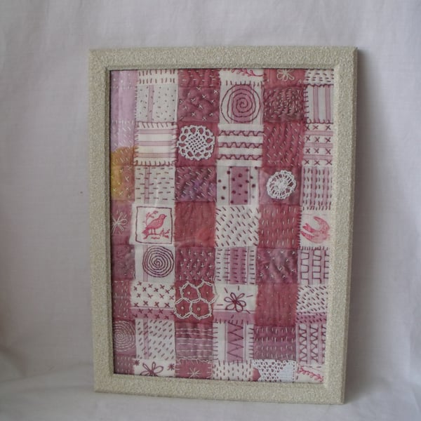 vintage style embroidered woven canvas & silk textile framed picture