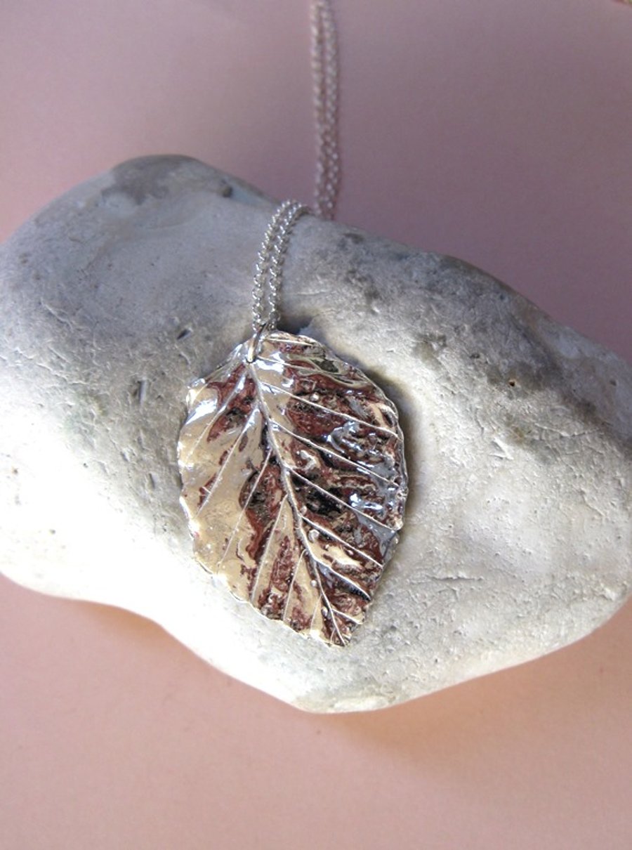 Fine silver beech leaf necklace