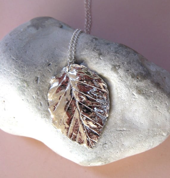 Fine silver beech leaf necklace