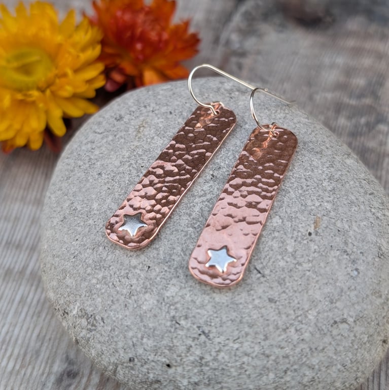 Copper Hammered Rectangle Earrings with Silver Stars - JBJ1085