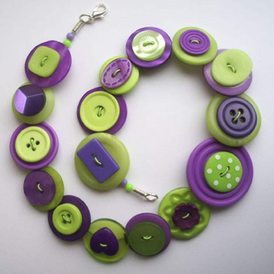 Purple and lime green button necklace
