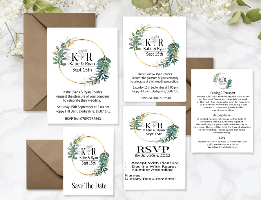 Leaf Wreath Wedding Invitation Set, Personalised Wedding Stationery