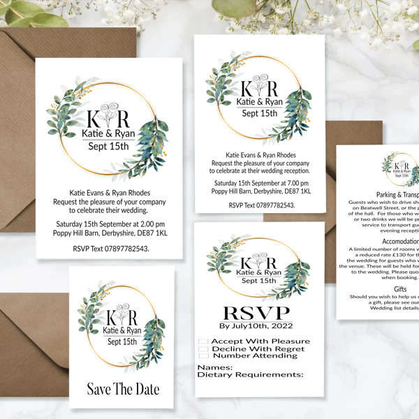 Leaf Wreath Wedding Invitation Set, Personalised Wedding Stationery