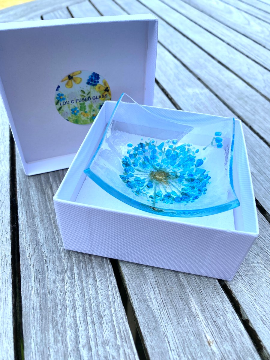 dandelion “Make a wish “ (blue)- fused glass trinket dish