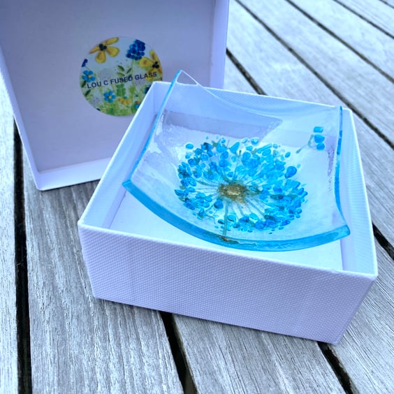 dandelion “Make a wish “ (blue)- fused glass trinket dish