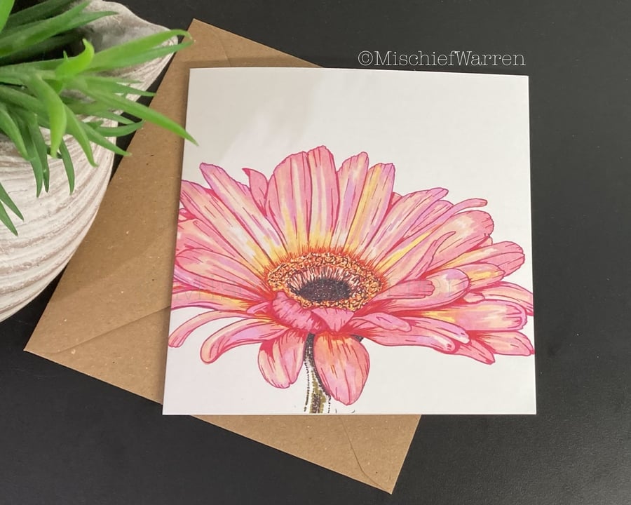 Pink Gerbera Daisy Card. Blank or personalised for any occasion.