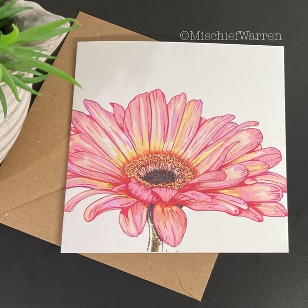 Pink Gerbera Daisy Card. Blank or personalised for any occasion.