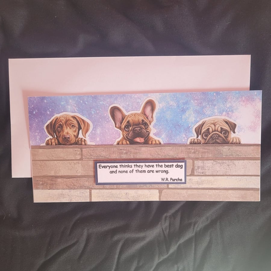 Peeping dogs blank greetings card, wrinkly puppies