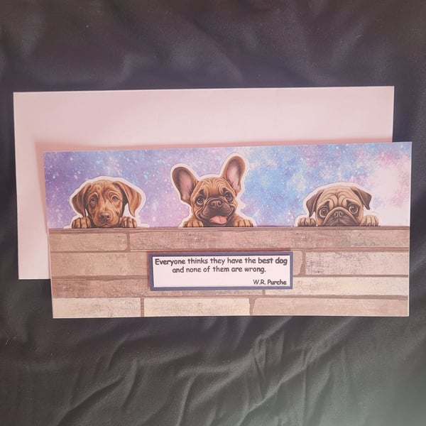 Peeping dogs blank greetings card, wrinkly puppies