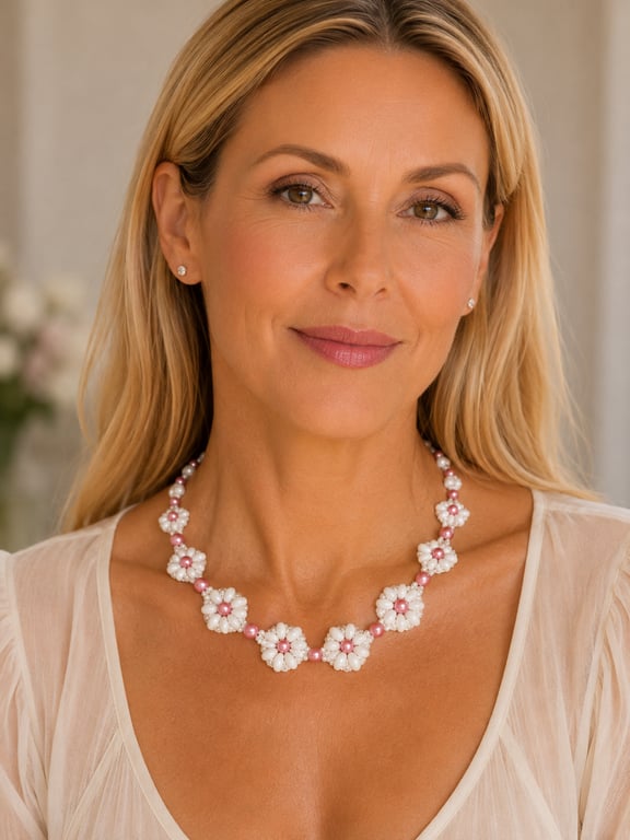 Handmade daisy style necklace with pink faux pearls and superduo beads