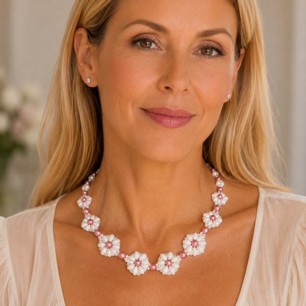 Handmade daisy style necklace with pink faux pearls and superduo beads