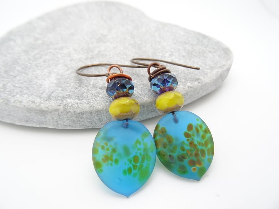 Lampwork Glass Earrings, Czech Glass Earrings, Turquoise Earrings, Lemon Earring