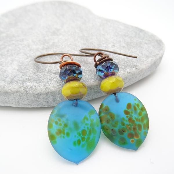 Lampwork Glass Earrings, Czech Glass Earrings, Turquoise Earrings, Lemon Earring