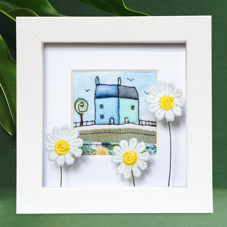 Little blue houses with daisies textile art, gift